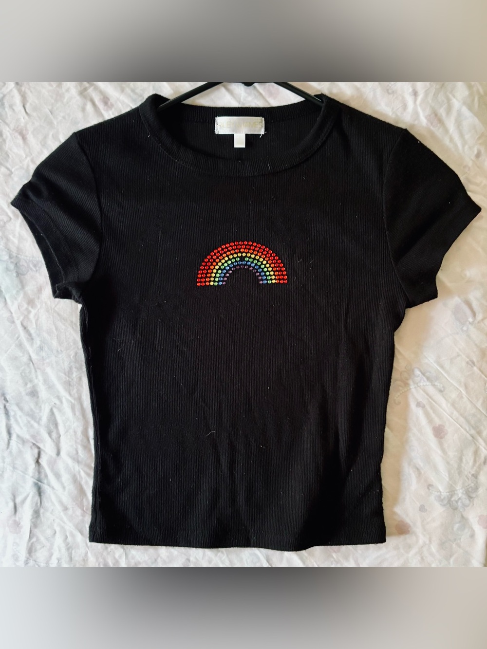 Girl’s Black ribbed Short Sleeve Tee with Rainbow Crystals-size Small